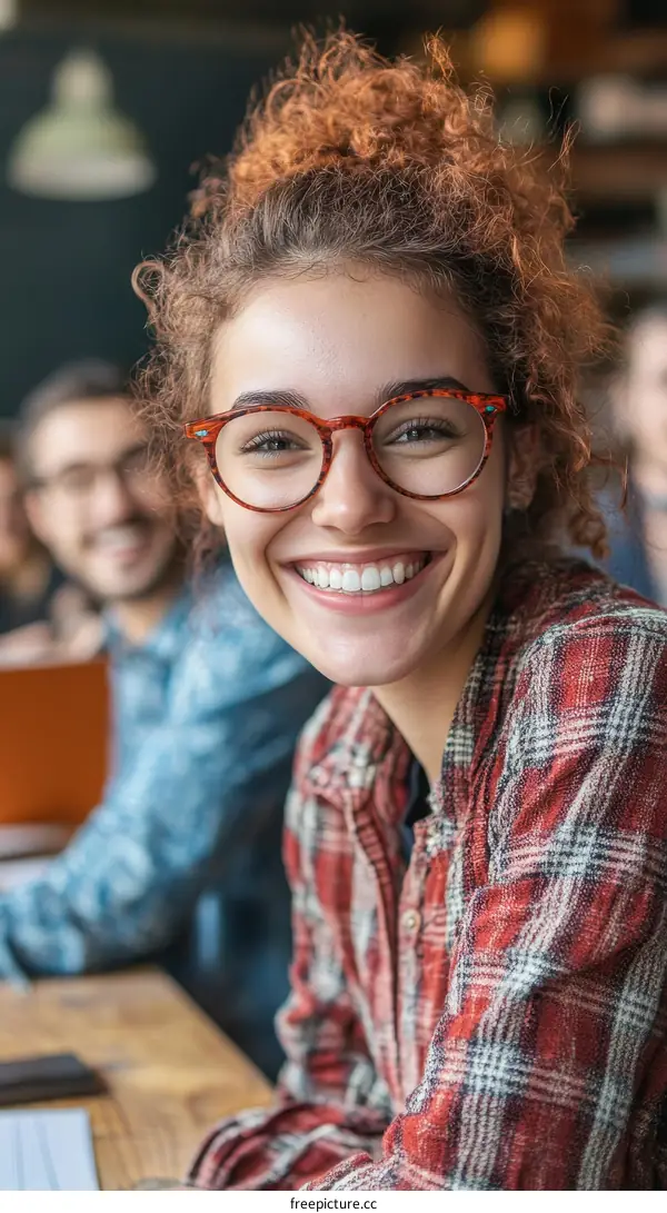 Happy Woman in Casual Outfit at Cafe