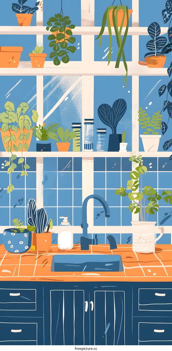 Kitchen Illustration with Blue Tile, Sink and Shelving