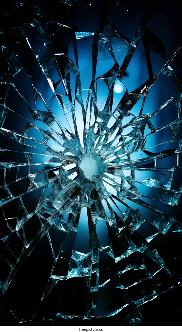 Blue shattered glass with a hole in the center