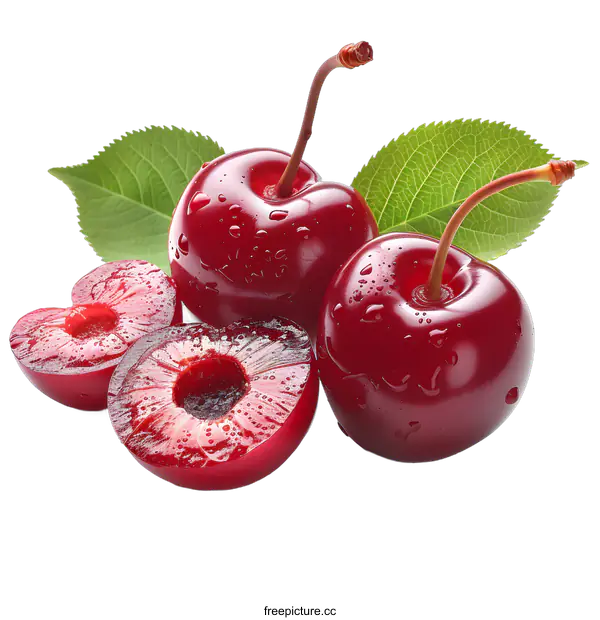 [Transparent Background PNG]three red cherries with green leaves and water drops on a white background
