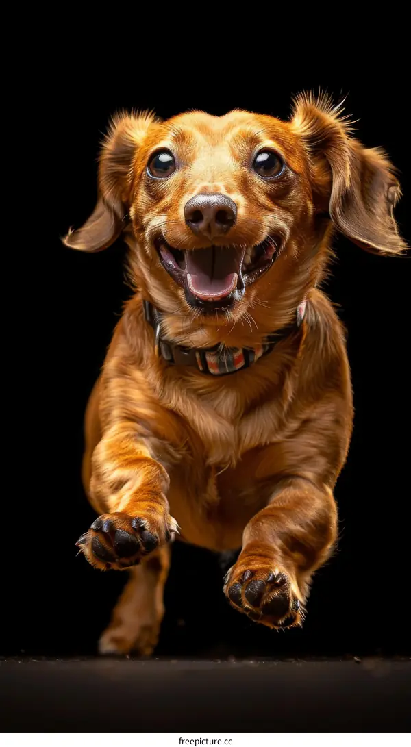 A happy brown dachshund dog running with its tongue out