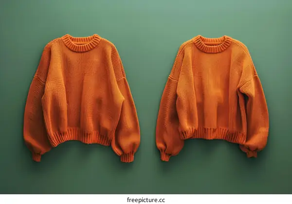Two orange sweaters on a green background