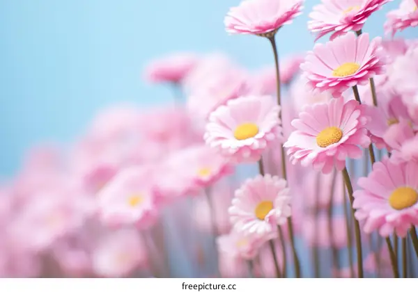 A field of pink daisies with a blue background
