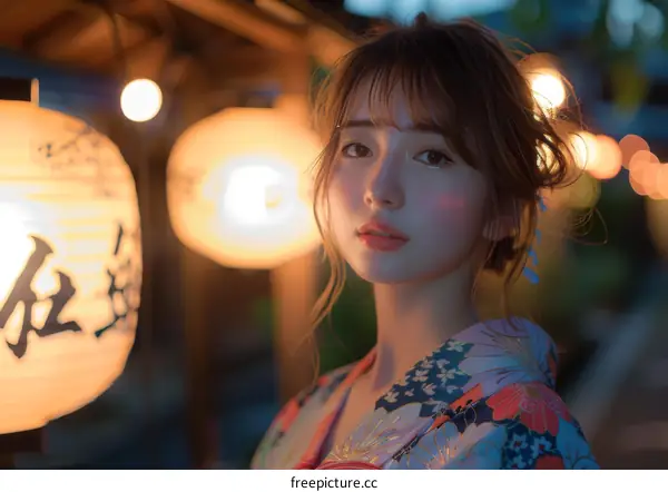 Asian Woman in Traditional Japanese Kimono at Night Market