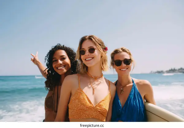 Three Diverse Women Friends Enjoying Beach Day with Surfboards