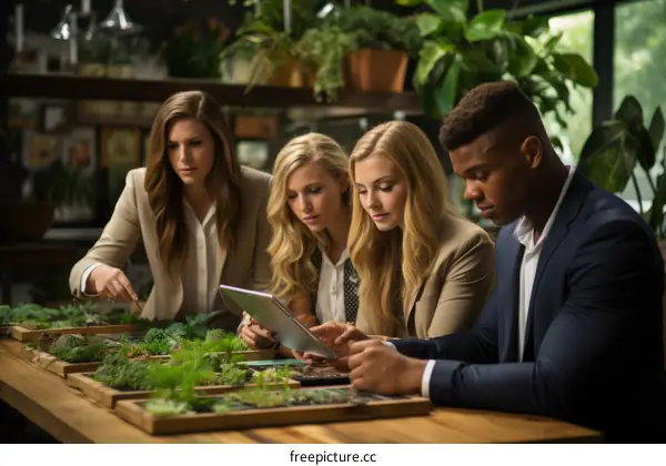 Multiethnic group of business professionals discussing ideas in a greenhouse
