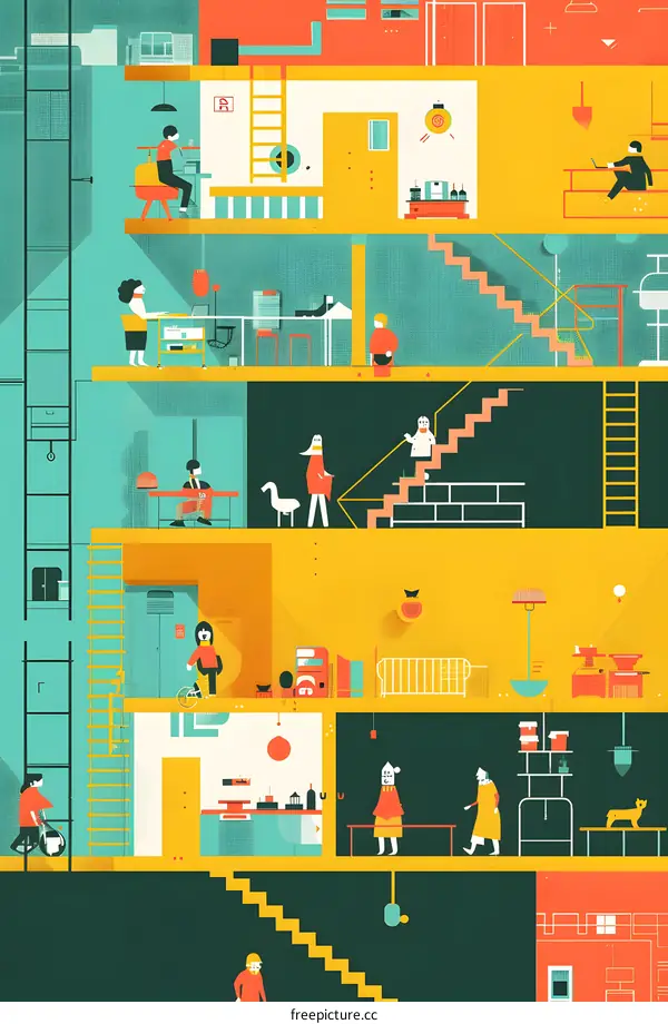 Illustrated Modern Multilevel Apartment Building Interior Design With People