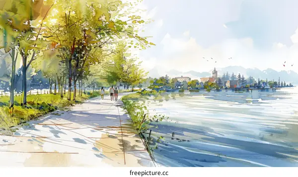 People walking on a park trail next to a lake on a sunny day