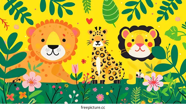 Cute Cartoon Lions and Leopard in a Jungle with Flowers