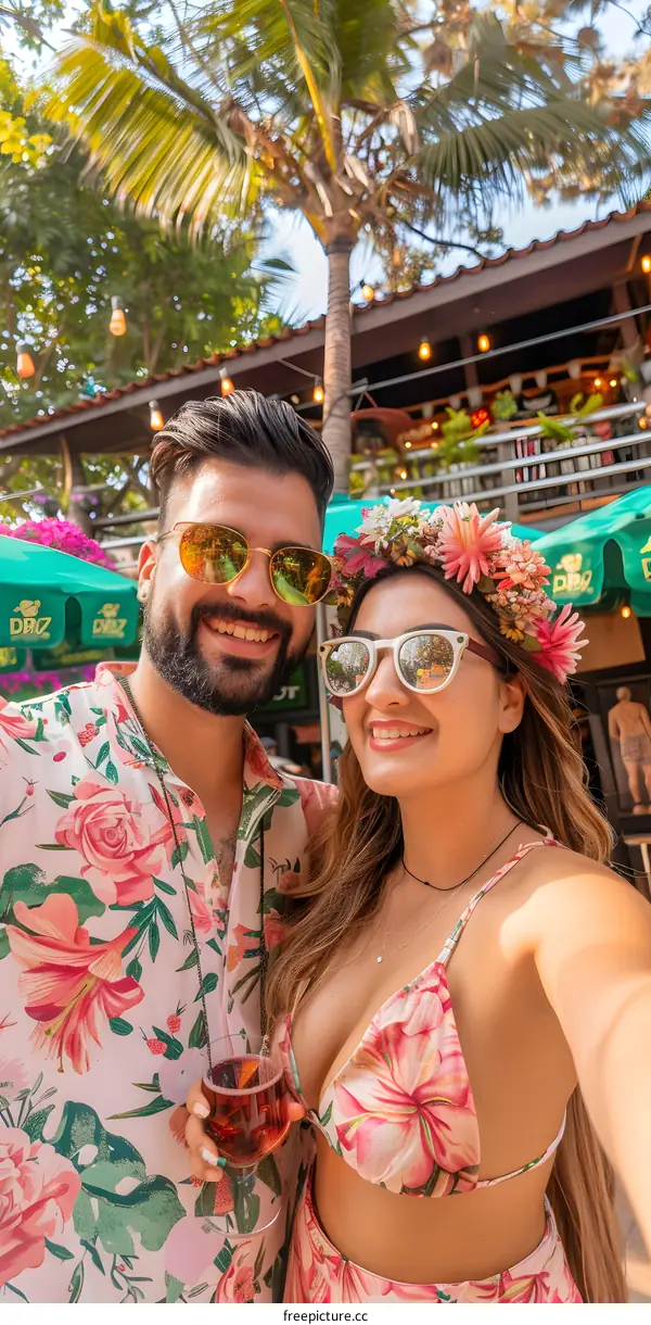 Couple Taking a Selfie in Front of a Restaurant with Floral Shirts