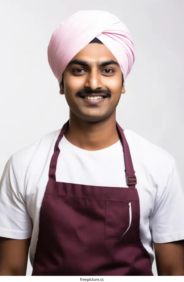 Portrait of a smiling young Indian Sikh man in a pink turban and apron