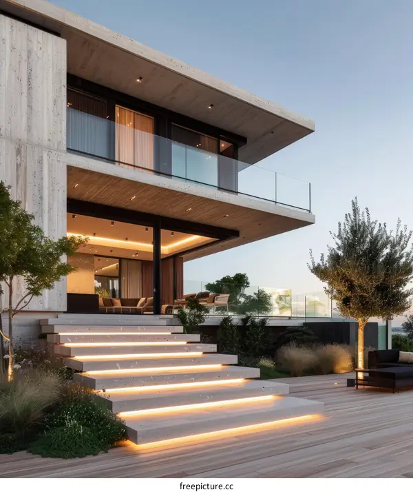 Modern concrete house with large windows and a terrace with a pool