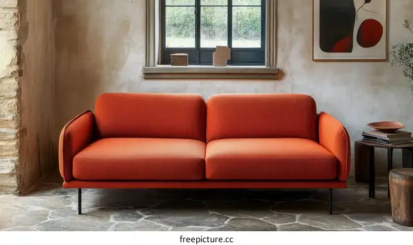 Modern Orange Sofa in Rustic Living Room