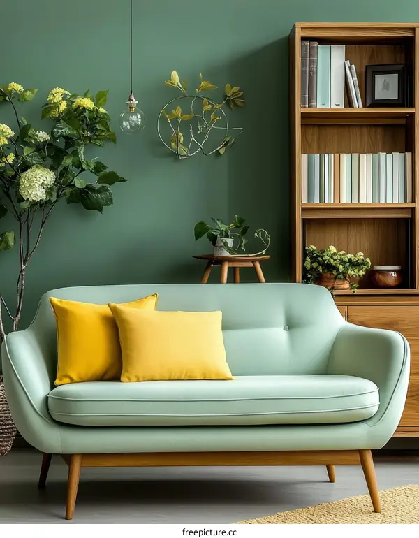 Green Living Room with Sofa and Plants