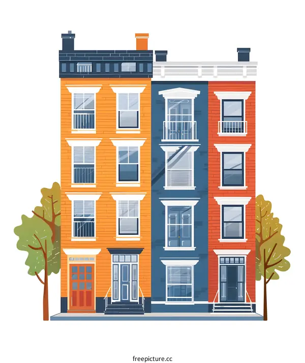 Colorful Townhouses with Trees on a White Background