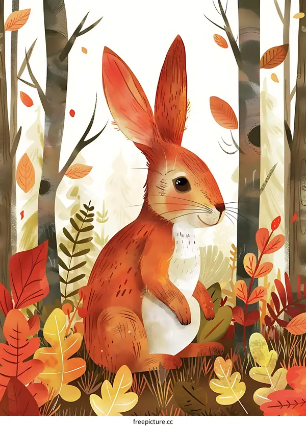 Cute Rabbit In Forest With Autumn Leaves