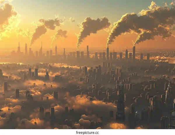Futuristic Cityscape with Towering Buildings and Smoke