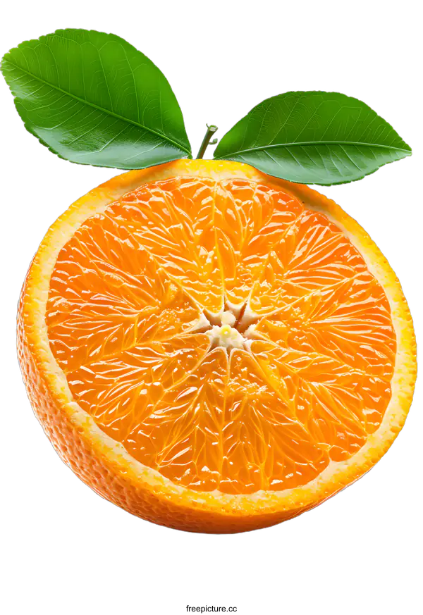 [Transparent Background PNG]Half Sliced Orange with Green Leaves on White Background