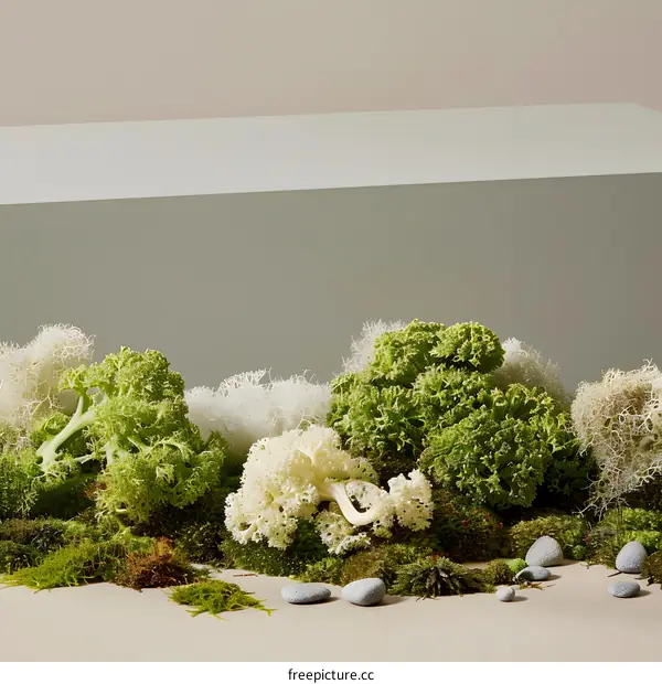 Green Moss and Stones on Beige Background