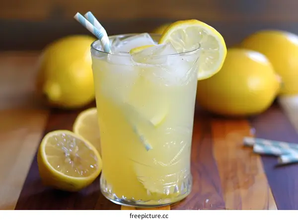 Refreshing Summer Lemonade Drink With Ice Cubes and Straws
