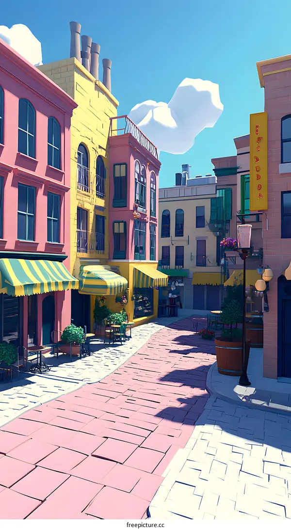 Cartoon Style Cityscape with Shops and Awnings