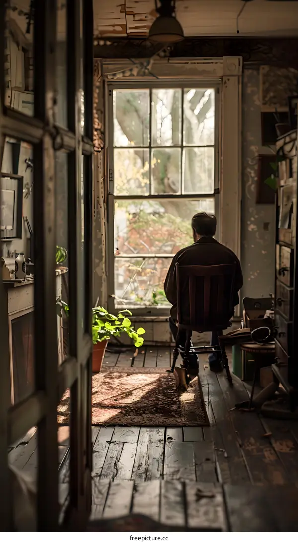 An old man sits in a chair in a dark room and looks out the window