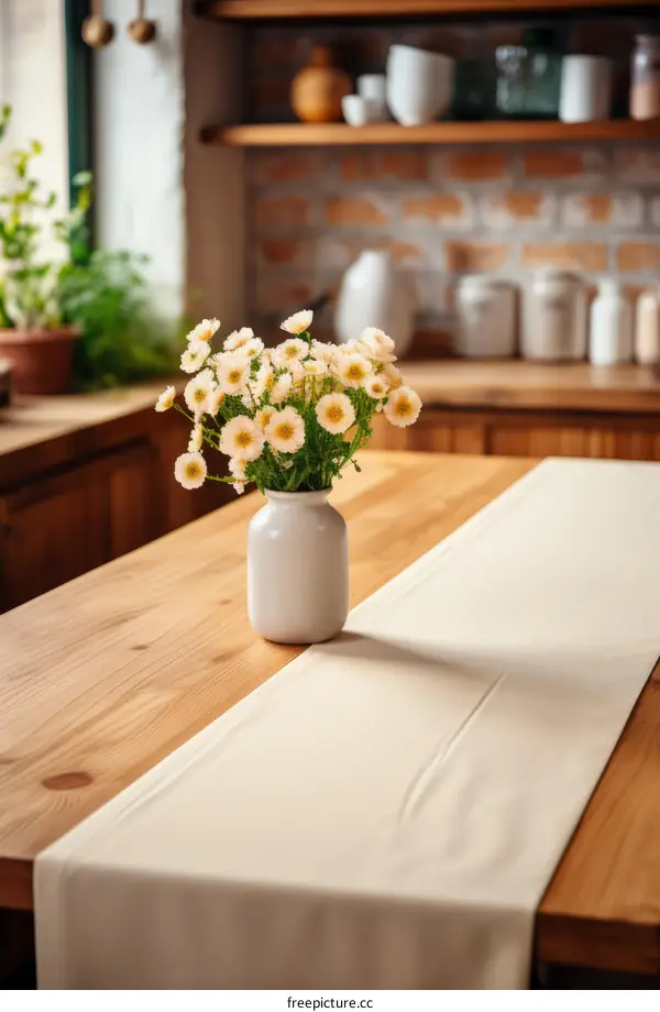 A beautiful bouquet of chamomile flowers in a ceramic vase on a wooden table