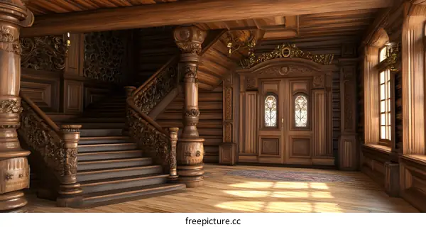 Carved Wooden Staircase And Doorway In Grand Interior