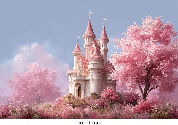 Magical Pink Castle in a Blooming Garden