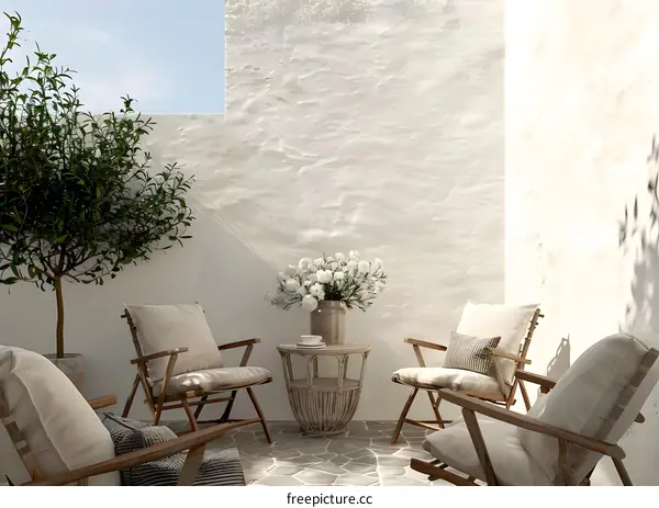 Minimalist Patio With White Chairs And Flowers