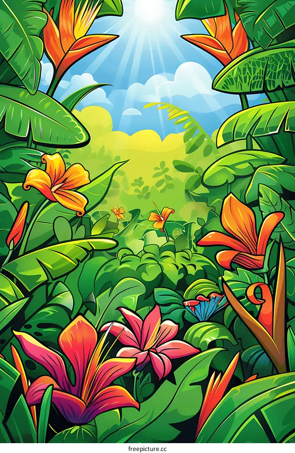 Jungle Background With Lush Green Foliage And Vibrant Flowers