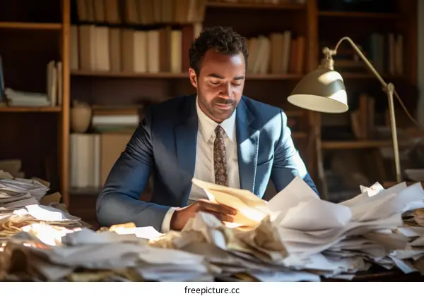 Young African American man overwhelmed by paperwork in a home office