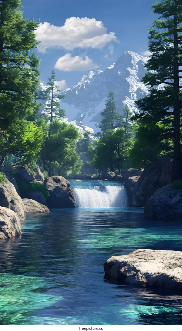 Mountain Waterfall Landscape Illustration