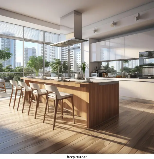 Modern Kitchen with Wooden Island and Large Windows