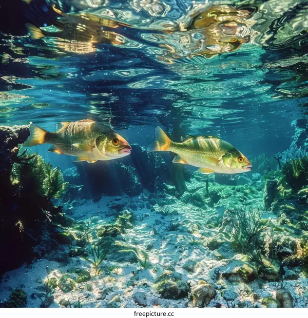 Two fish swimming in the clear water of a coral reef