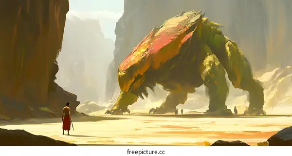 Fantasy Desert Landscape with Giant Creature and Human Figure