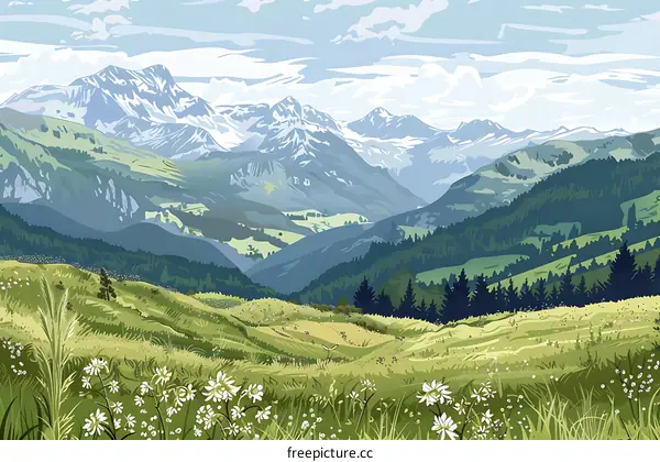 Mountain Landscape With Green Hills And White Flowers