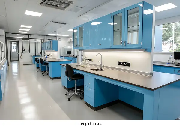 Modern Laboratory Interior with Blue Cabinets
