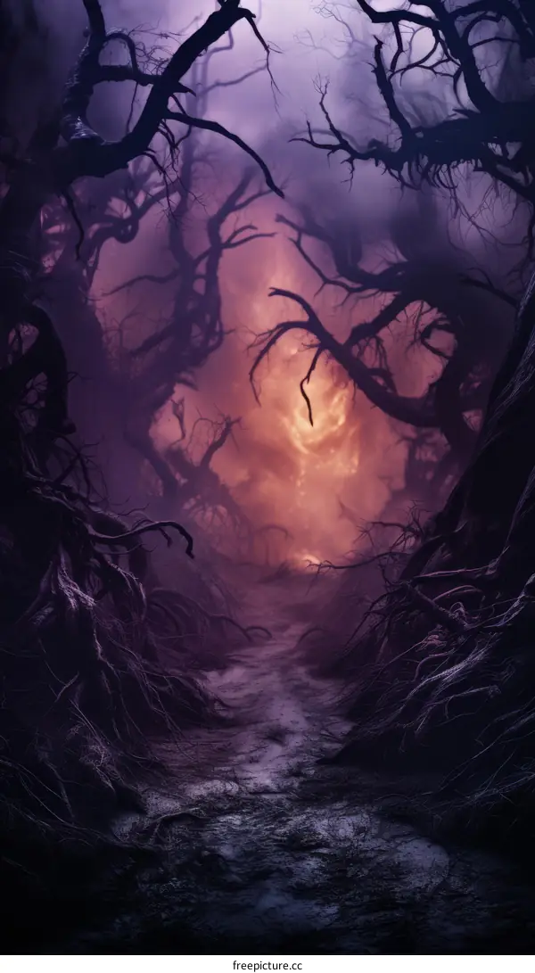 Dark Forest Path with Gnarled Tree Branches at Dusk