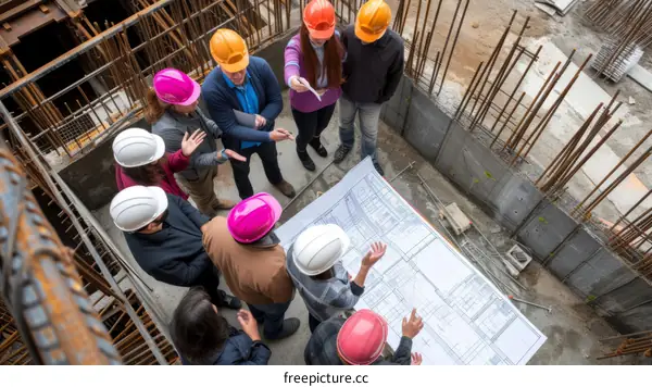 Construction workers in hard hats at a construction site looking at blueprints