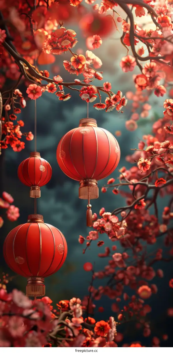 Cherry Blossom Tree with Vibrant Red Paper Lanterns