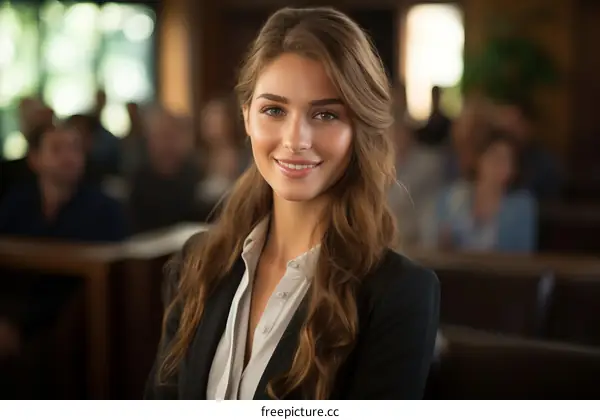 Close-up portrait of a young businesswoman smiling in a conference room