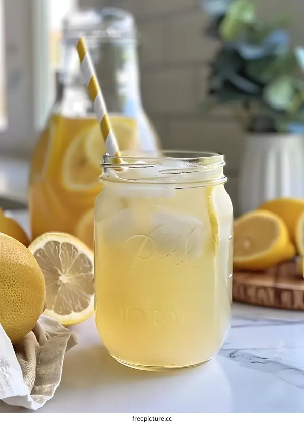 Glass of Lemonade with Straw and Lemon Slices