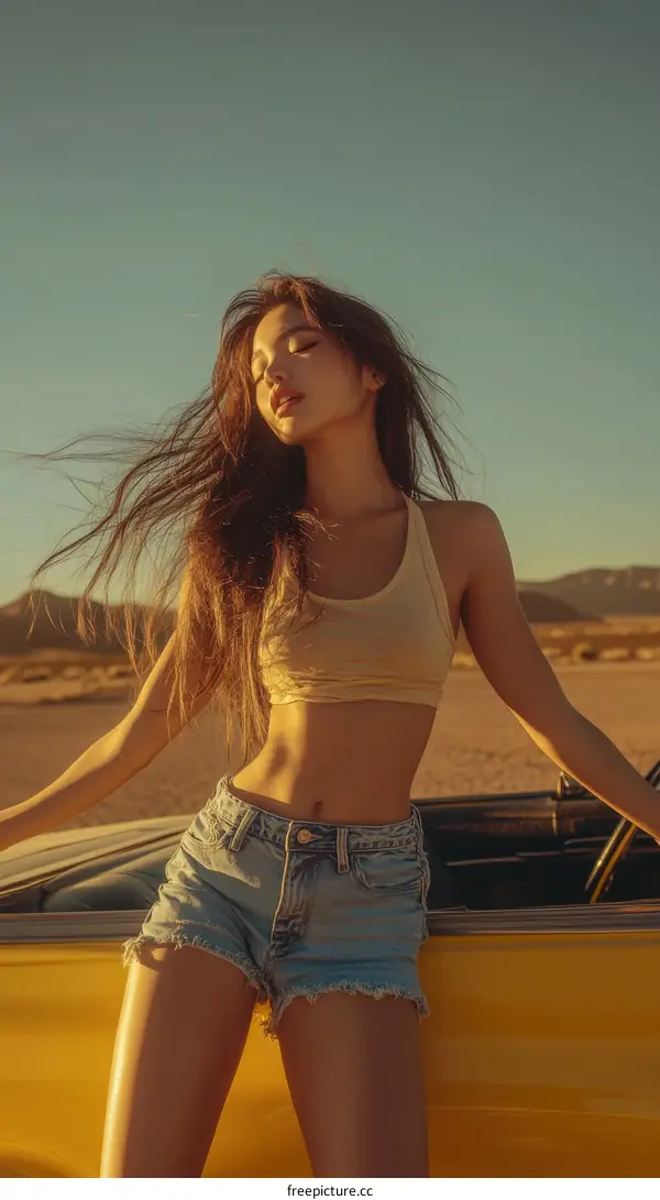 Beautiful Asian Woman Posing by Yellow Car