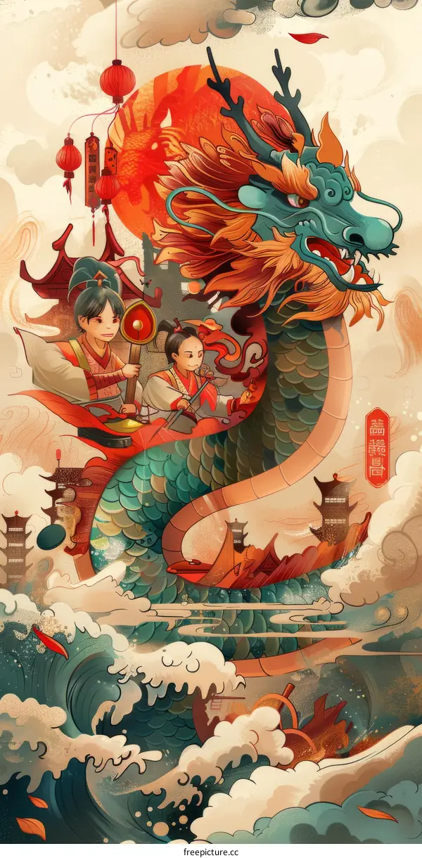 Two children are playing on a dragon boat in the waves with a red sun in the background.