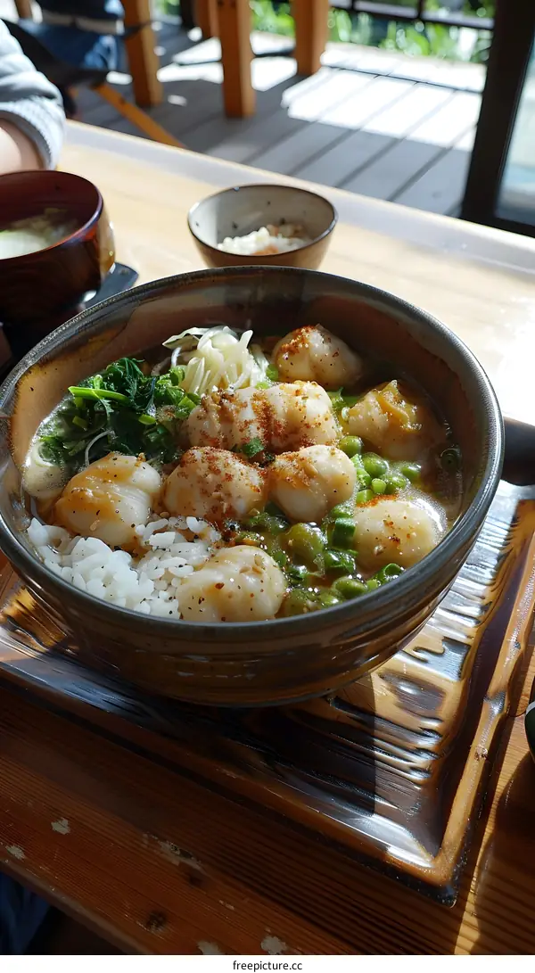 Japanese Scallops Rice Bowl With Green Onions and Sesame Seeds