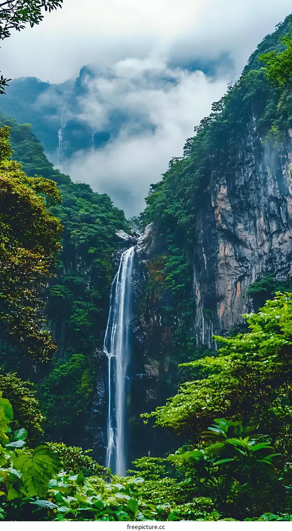 Waterfall in the Mountains with Green Lush Trees