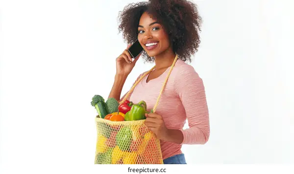 Smiling Woman Carrying a Mesh Bag of Fresh Produce while Talking on a Phone