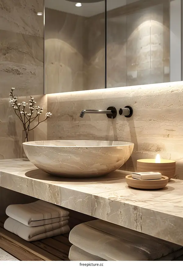 Bathroom interior with stone sink and wooden shelf