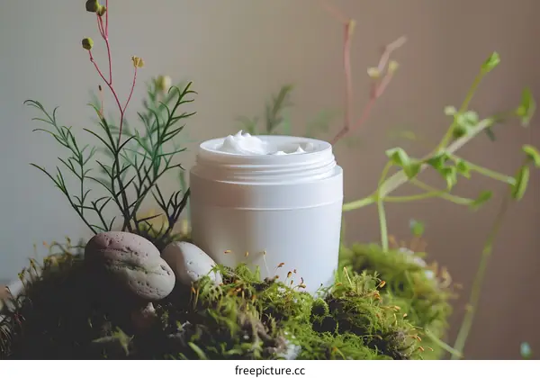 Natural Skincare Cream Jar With Green Plants And Moss
